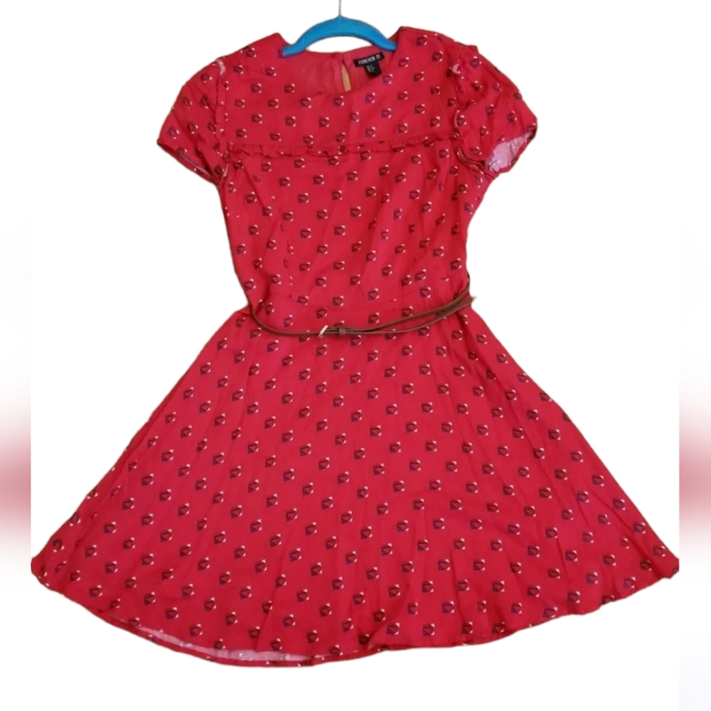 Forever 21 Red Belted  Mini Dress Geometric Print Size S New No Tags